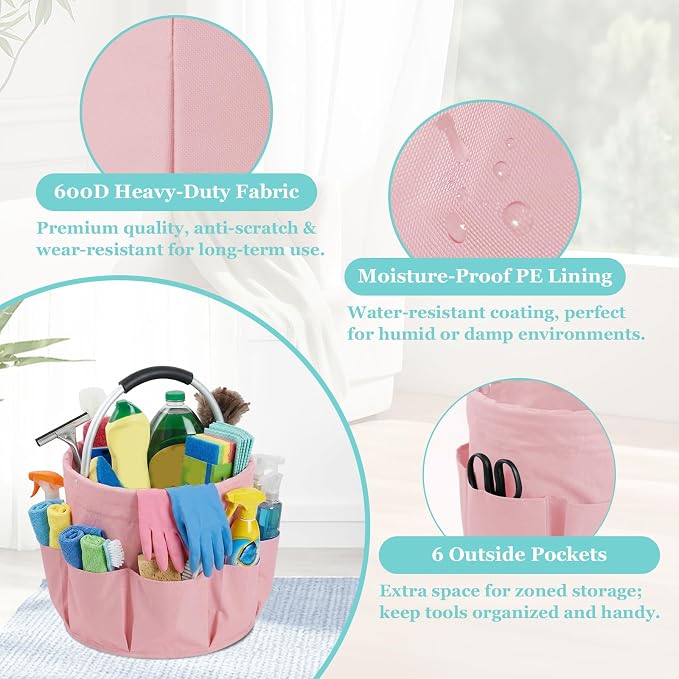 WOOHA 17L Cleaning Caddy with Handle, Foldable Cleaning Supply Organizer with 6 Pockets, Portable Shower Caddy, Storage Basket for Housekeeping, Car Detailing, Garden, Pink