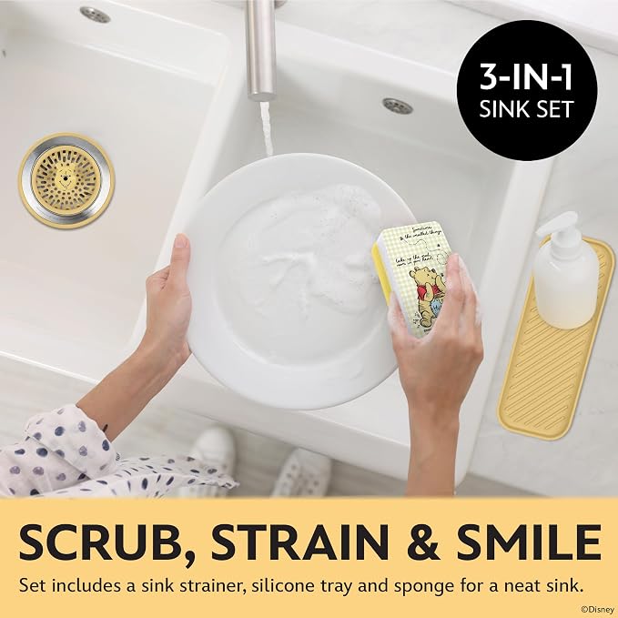Disney Winnie the Pooh Sink Drain Strainer, Dish Sponge & Silicone Tray Set | 3-piece set with a strainer to prevent clogs, a tray to keep things organized, and a scrubber for dishes and counters