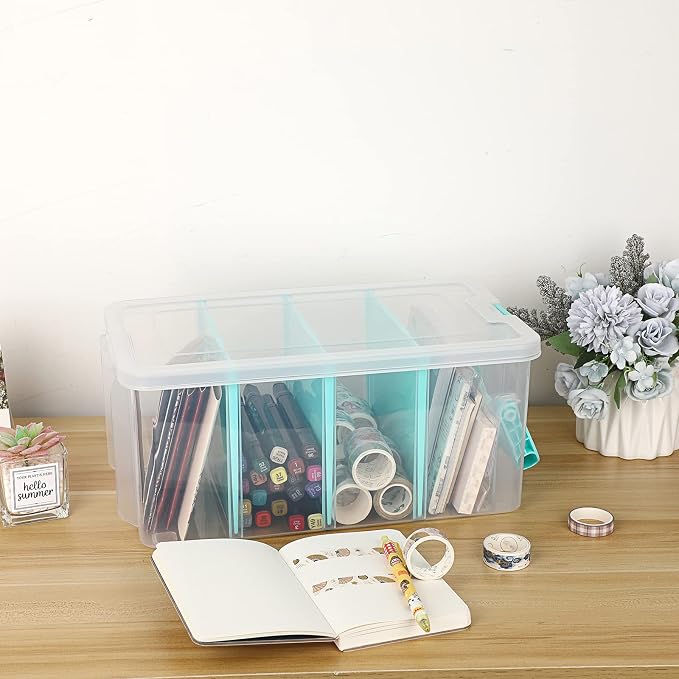 BTSKY Clear Plastic Dividing Storage Box with 4 Deep Compartment Sewing Box | 13.9x7.9x6.2 Inches Adjustable Storage Bin with Lid Portable Craft Storage Container Multipurpose Art Supply Organizer Blue