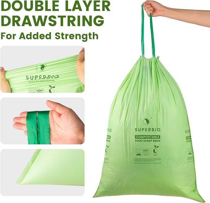 SUPERBIO 13 Gallon Compostable Drawstring Kitchen Waste Bag, 30 Count | 49.2 Liter, 1 Mil, Heavy Duty Food Scrap Bags, BPI, Seedling and OK compost INDUSTRIAL