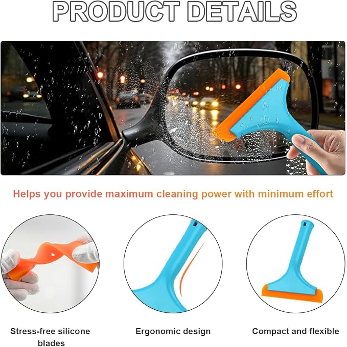 KVAEY Small Silicone Window Squeegee, 5.9 Inch Car Windshield Water Blade Squeegee with Non-Slip Handle, All-Purpose Cleaning Squeegee for Car Windshield, Window, Mirror (Blue)