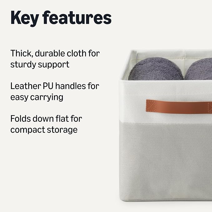 Amazon Basics Collapsible Storage Bins with Faux Leather Handles, Foldable Organizing Containers for Closet, Clothes, Toys, Linen, Large, 3-Pack