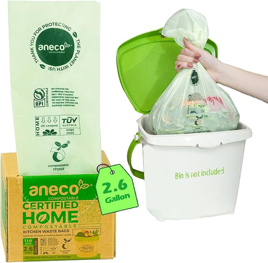 (Include 10 Bonus Bags) ANECO 100% Compostable Waste Bags 2.6 Gallon | Extra Thick Kitchen Small Compost Bags for Countertop Bin, 110 Count (100 + 10 Extra)
