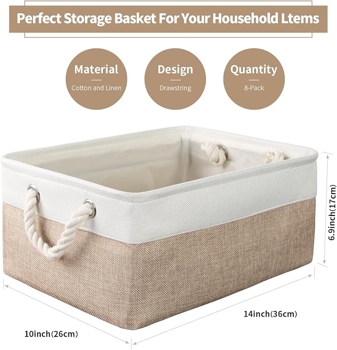 8 Pack Storage Basket Bins - Decorative Baskets Bulk Storage Box Cubes Containers with Handles for Clothes Storage Bathroom, Garage, Books, Home, Office, 13.7L x 9.8W x 6.7H (White&beige)
