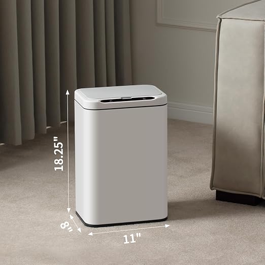 ELPHECO Stainless Steel Office Trash Can 6.6 Gallon Motion Sensor White | Automatic Garbage Bin Rectangular Touch Free Waste Bin for Hotel and Living Room, 2AA