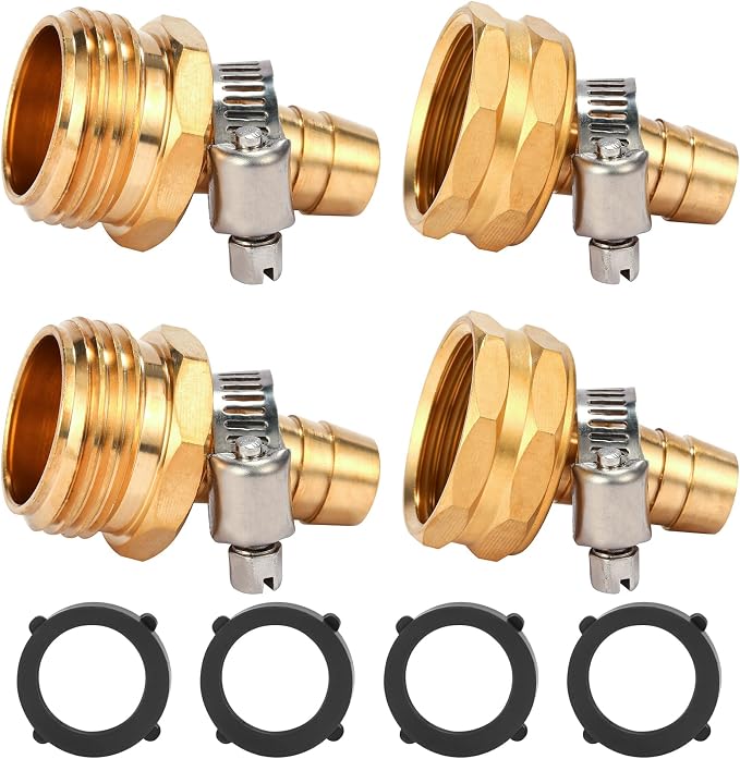 Brass Garden Hose Connector Repair Mender Kit, Fits 1/2" Water Hose Fitting | 2 Set, 1/2" Barb x 3/4" GHT, with Stainless Clamp