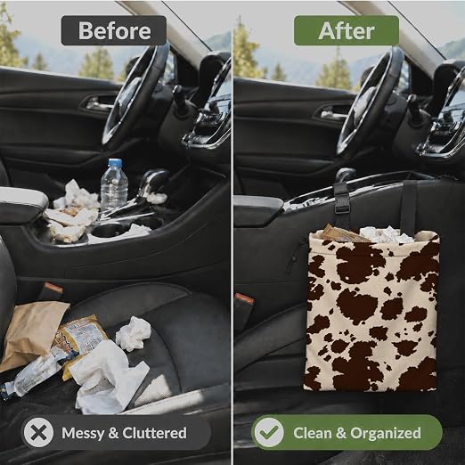 Dark Brown Cow Print Car Garbage Bag Canvas Trash Can | Rustic Animal Print Drawstring Car Trash Bag Hanging for Back Seat with Adjustable Buckle
