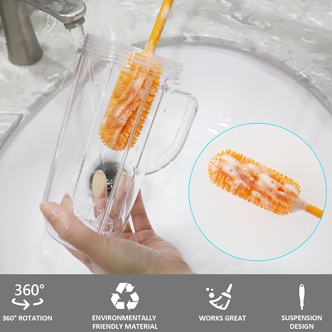 Silicone Bottle Brush, 15.7" Water Bottle Cleaner Brush, Orange | Water Bottle Cleaner for Baby Bottles, Hydro Flask, Sports Bottle, Vase, Glassware, for Smaller Diameter Bottle Openings