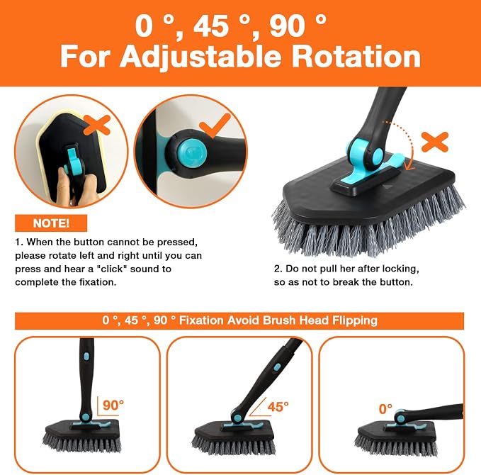 3 in 1 Scrub Cleaning Brush with Long Handle 51'' - Shower Bathtub (Black) | Tub & Tile Scrubber Brush of 1 Stiff Brush Head & 3 Scouring Pads & 3 Microfiber Clothes, for Wall Bathroom Glass Bathtub