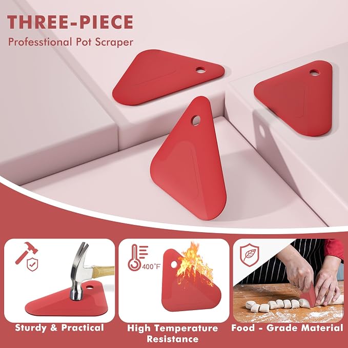 Food Scraper Dish Scraper for Cast Iron Skillets, Cookware, Pans and Pots | Nylon and Silicone, 2-in-1 Kitchen Scraper Tools, Pan Scraper, Heat resistant to 140 ℉, 3 Pack, Red