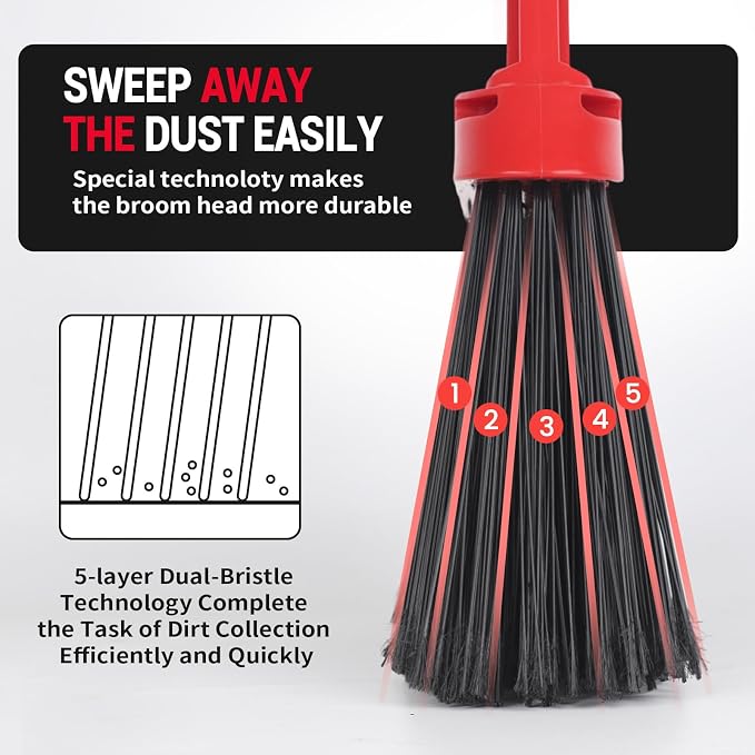 2 Pack Heavy Duty Broom and Dustpan Set,Indoor Outdoor Sweeping Kit,Red | 14"x14" Jumbo Large Capacity Dustpan & 14" Wide 54" Long Handle Broom, for Home Kitchen Yard Restaurant Garage Cleaning
