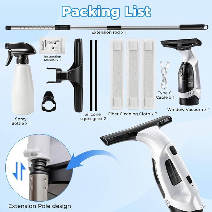 2000Pa Window Vacuum Squeegee with 31-40" Pole, 2200mAh & 150ml Tank | Electric Window Cleaning Tool for Windows, Shower Doors, Mirrors, and Tiles