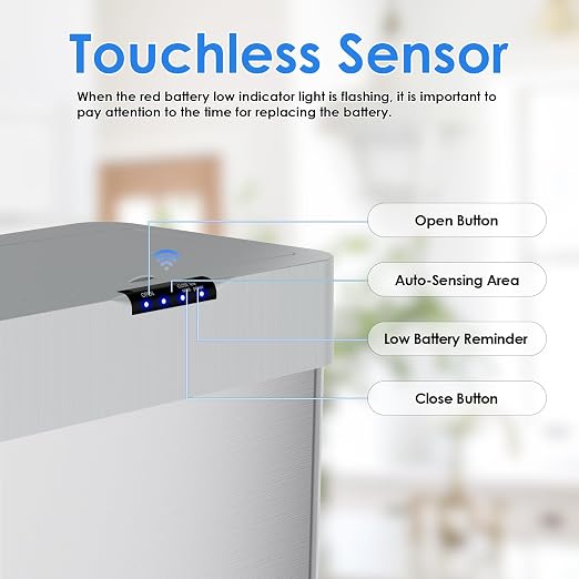 Sensor Trash Can, Touchless Motion Sensor Trash Bin | Smart Automatic Garbage Can with Soft-Close Lid, Bag Retainer Ring and Display Light, for Kitchen, Office (Silver, 16 Gal)