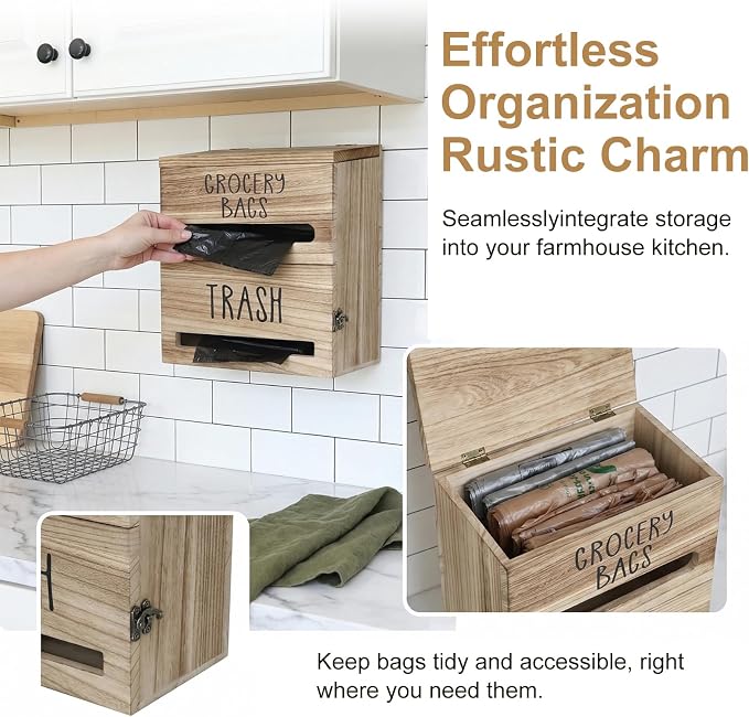 2 in 1 Trash Bag Dispenser, Double Wall Mounted,Wood Trash Bag Holder, used in kitchen, garage, laundry room, can store Environmentally friendly food bags (White/Brown(10inch*5.5inch*12.2inch）)