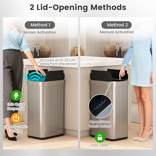 Goplus 16 Gallon Kitchen Trash Can, Stainless Steel Motion Sensor Garbage Can with Butterfly Lids, Slim Automatic Touchless Trash Bin for Kitchen Bedroom Stay Open, Soft Close, Sliver
