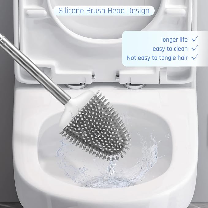 Silicone Toilet Brush, Ventilation Slots Base Holder 1 Pack, White | Flexible Bristles Flat Head for Rim, Hair Tangle-Free, Easy to Clean, Compact Design, Rustproof Handle, for Toilet/Sink/Tub