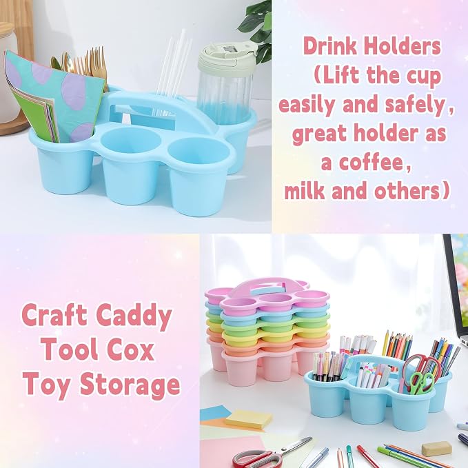 6 Pack Classroom Caddy Organizer with Handle, 6 Compartments, Pastel | Stackable Plastic Table Caddies, 12x9x3.5 In, caddy Organizer for School Supplies, Crayons, Pencils, Crafts and Drink Cups