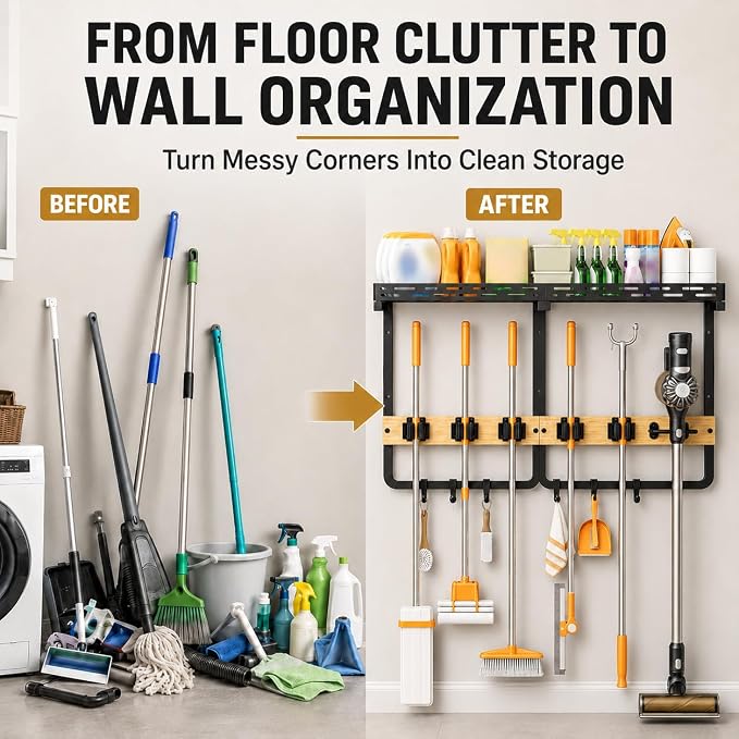 Broom Holder Wall Mount, Mop Organizer With Shelf And Vacuum Holder