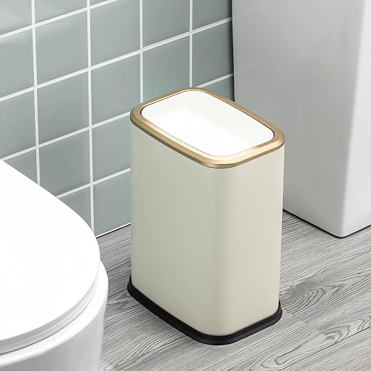 2 Gallon Small Office Bathroom Trash Can with Swing Lid,Living Room Bedroom Garbage can Wastebasket bin,Inner Bucket,Metal Decor Trash Can (Cream White)