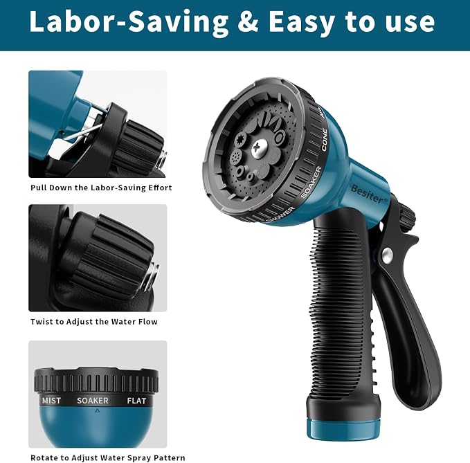 Besiter Garden Hose Nozzle Sprayer: 2 Pack 10 Watering Patterns Spray Nozzles Heavy Duty Hose Head Hose Attachment Bule