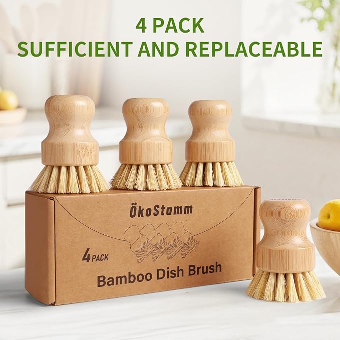 4 Pack Bamboo Dish Brush with Sisal Bristles for Kitchen Cleaning | Natural Material, No Plastic, Dish Scrubber Brush for Dish Cleaning, Sufficient Quantity for Replacement, Ergonomic Handle