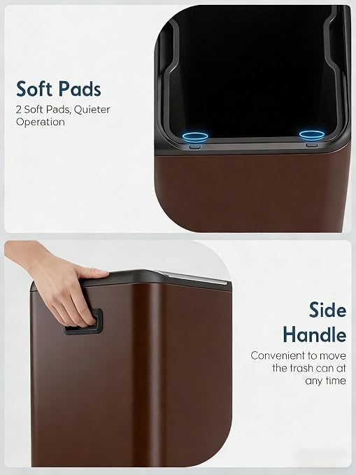 Arlopu 16Gal Dual Trash Can w/2 Built-in Box for Odor Control | Hands-Free Kitchen Garbage Bin, Recycle Waste Dustbin, Soft-Close Lid, 2 Buckets, Foot Pedal, Side Handle, for Home (Brown)