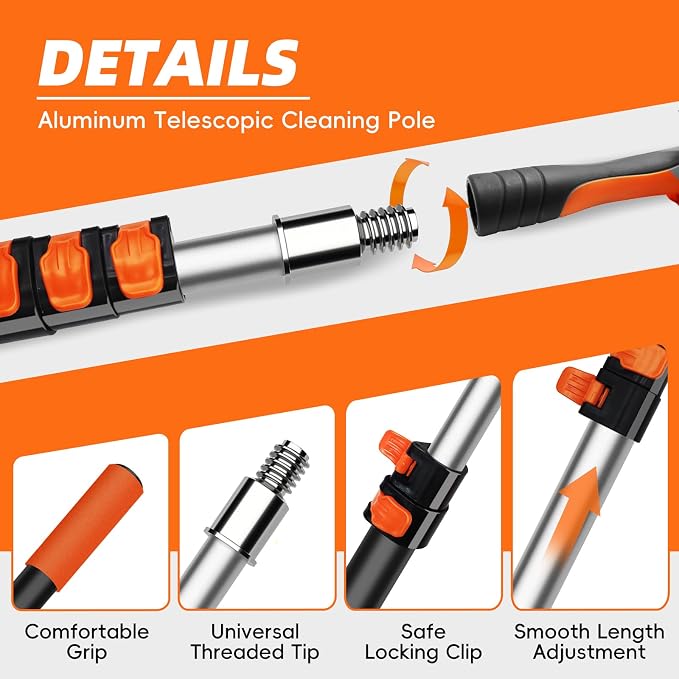 32 Foot High Dusters for Cleaning with 6-24 Foot Heavy Duty Extension Pole | High Reach Duster, Extendable Reusable Cobweb, Feather, Ceiling Fan Cleaner Duster, Window Squeegee Kit