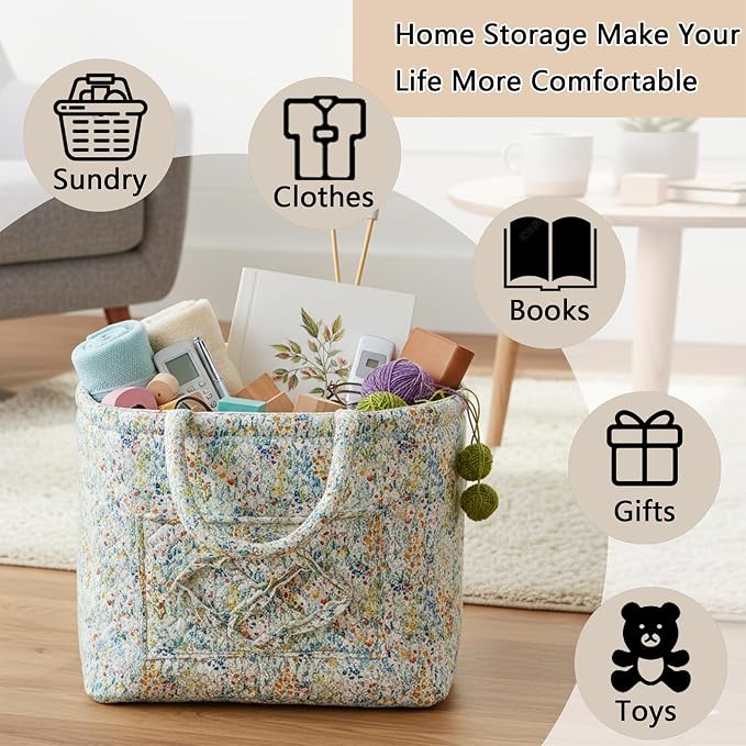 Quilted Fabric Storage Basket with Handles & Pocket, Foldable Laundry Hamper Boho Floral Print Organizer Bin for Home, Picnic, Office 12"x10"x10" (A-3)