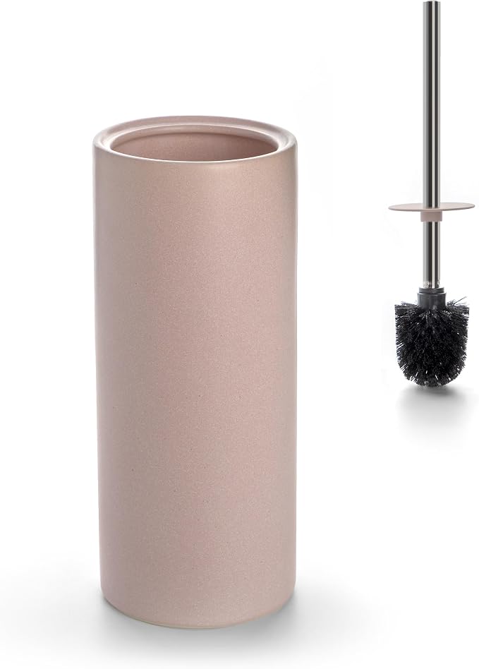 Matt Pink Ceramic Toilet Brush and Holder Set | Freestanding Toilet Bowl Cleaners Brush, Scrubber Brush for Toilet, Bathroom Accessories with Stainless Handle, Deep Cleaning