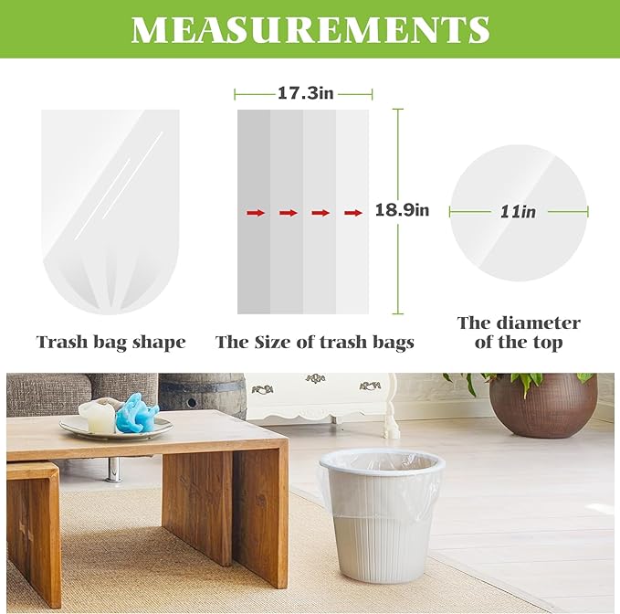 3 Gallon 300 Counts Small Trash Bags 3 Gallon 3.1 Gallon 3.2 Gallon fit 10 liter Garbage Bags by Teivio, Waste Basket Bags,Bathroom Trash Can Bin Liners, Plastic Bags for home office kitchen, Clear | Fit 10-12 Liters,2.5,2.6,2.8Gal,Mini Plastic Waste B...