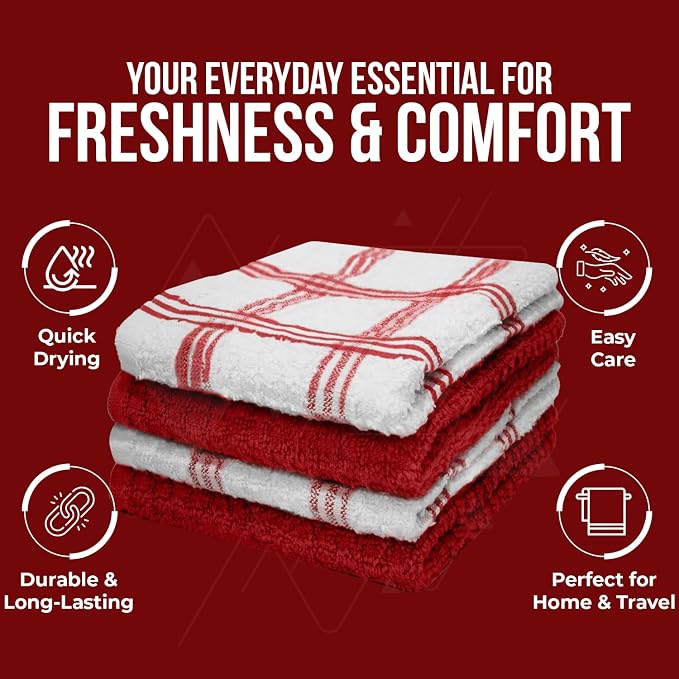 DAN RIVER Premium Dish Cloth 100% Cotton 12X12 Inches |Pack of 8|-Red | Terry Kitchen Towels Ultra Soft Tea Towels-Highly Absorbent Kitchen Rags-Terry Dishcloth for Kitchen and Household Cleaning