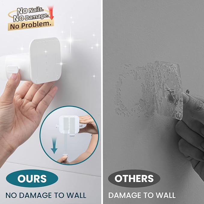TAILI Mop and Broom Holder Wall Mount Grippers, 3 Hangers and 8 Adhesive Strips, Damage Free Hanging Wall Mount, Household Cleaning Organizer for Organization and Storage, Holds up to 4 lbs, White