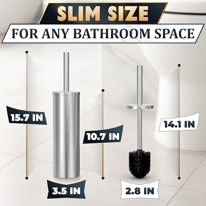 Stainless Steel Toilet Brush and Holder Set, Splash Guard (Silver) | Toilet Bowl Brush and Holder, Removable Inner Bowl, Dense Bristles, Long Handle, Scratch Resistant, for Modern Bathrooms