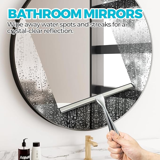 Shower Squeegee for Glass Doors, Tile Walls, Mirrors and Windshields | 10" Silver, Bathroom Accessories, Window Cleaner, New Home Essentials, Silicone Blade, Metal Handle, Adhesive Hook