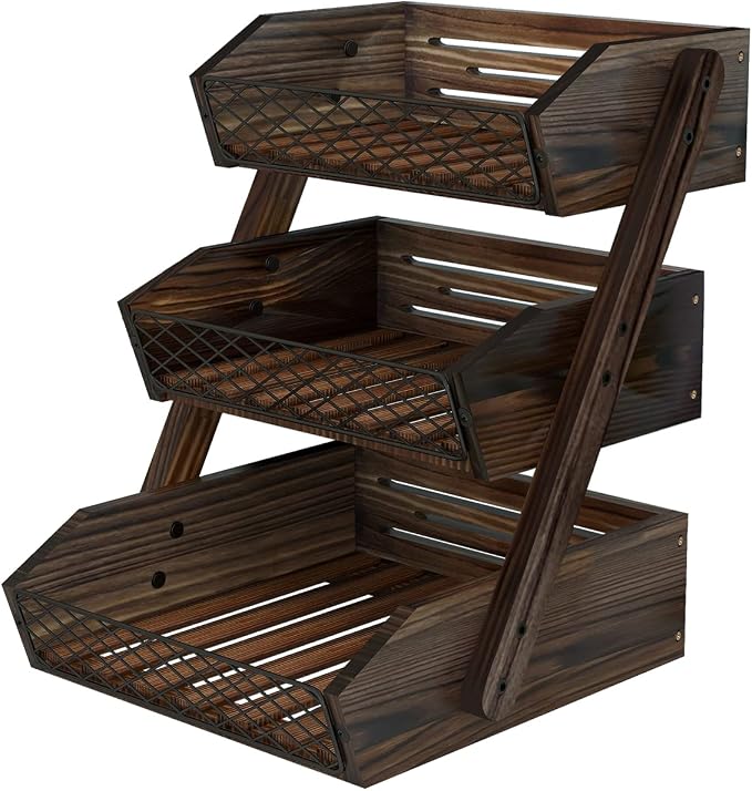 Dorhors Fruit Basket for Kitchen Counter Organizer,Fruit Bowl Stand Storage | 3 tier Rustic Brown Vegetable Holder,Wood Bread Display Rack,Kitchen Countertop Organizer Shelf for Snack,Onion,Banana,Potato