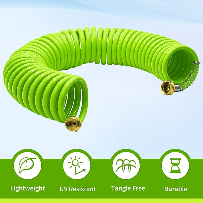 AUTOMAN Recoil Garden Water Hose 50 ft, EVA Curly Water Hose with Brass Connectors, Garden Hose Coil,Includes 7-Pattern Function Sprayer,Retractable,Corrosion Resistant Garden Coil Hose.Green