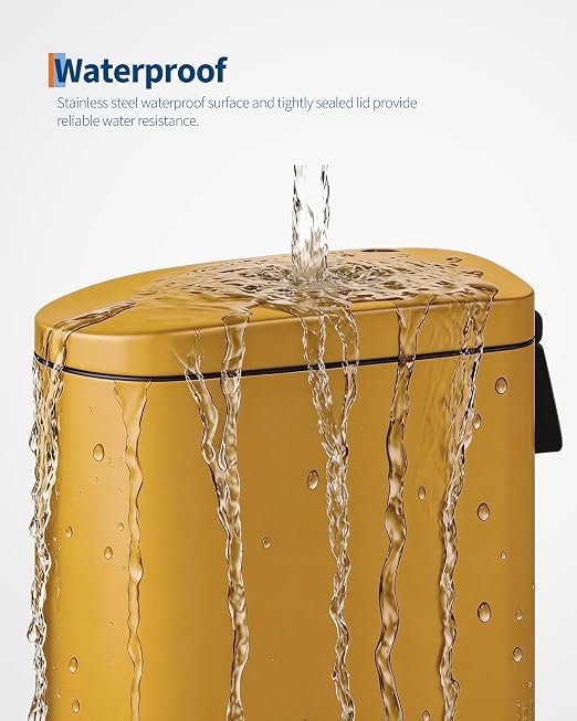 Garvee 2.6 gal / 10 L Metal Bathroom Trash Can with Lid, Slim Waterproof Garbage Can for Bedroom, Small Step-on Trash Bin with Inner Bucket, Rear Handle, Soft Close Lid, Yellow
