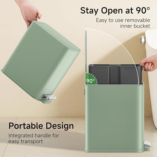 TIPGO Small Bathroom Trash Can with Lid Soft Close,1.3 Gallon, Green | Step Pedal, Removable Inner Bucket, 5 Liter Slim Stainless Steel Garbage Can for Bedroom, Office, Kitchen