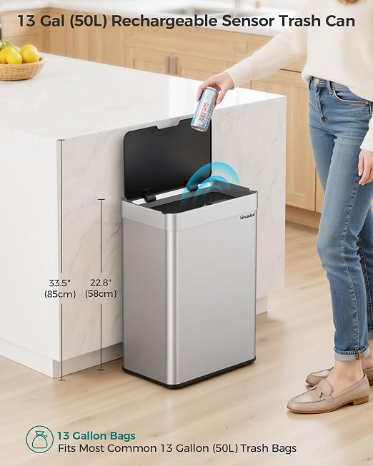 13 Gallon Automatic Kitchen Trash Can,Touchless Sensor Garbage Can,Silver | Built‑in 1500mAh Rechargeable Battery,Stainless Steel Motion Sensor Trash Can, Silent Close Lid Smart Trash Bin for Home