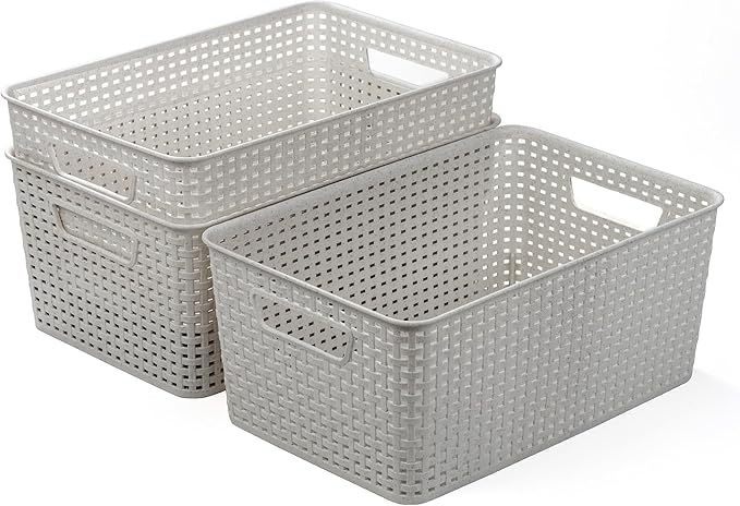 BINO | Plastic Storage Baskets, 13.5 Liter - 3 Pack, Natural Grey | THE WOVEN COLLECTION | Storage Basket for Shelves | Woven Storage Baskets for Organizing Bins Pantry Shelf Organizer | Container Bin