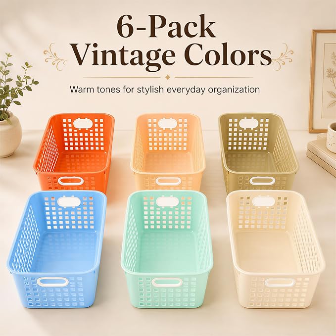 6 Pack Plastic Classroom Storage Baskets, Organizer Bins with Handle | Vintage Color 11" × 7.1" × 4.6" Medium Papers Book Storage Organizer for School Classroom Library Office Home Desktop Closets