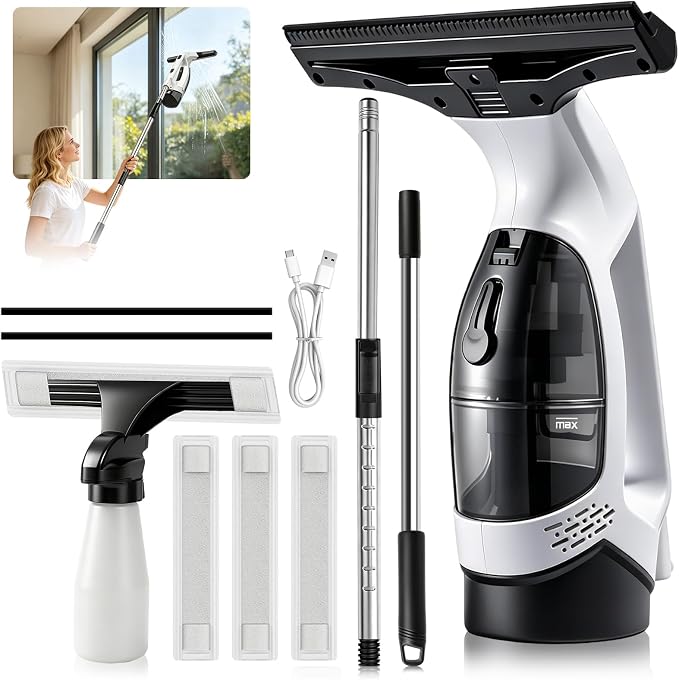 2000Pa Window Vacuum Squeegee with 31-40" Pole, 2200mAh & 150ml Tank | Electric Window Cleaning Tool for Windows, Shower Doors, Mirrors, and Tiles