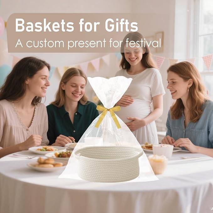 JMvicyroam Small Woven Basket, Empty Gift Basket, White/1 Pack | Small Gift Basket, Cotton Rope, 12 x 8 x 6 in, Handles, Includes Ribbon and Bag, Birthday Gift Basket