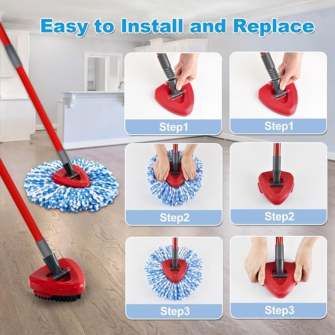 Mop Heads Replacement Scrub Brush and Base Spin Mop Handle Compatible with Ocedar RinseClean 2 Tank System Include 2 Mops Replace Head 1 Upgrade Brush 1 Base & 30-58" Adjustable Mop Stick (NO Bucket)