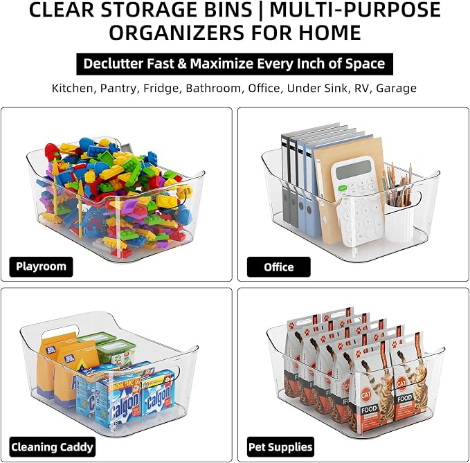 12 Pack Clear Plastic Storage Bins, Pantry Organizers and Storage, Multi-Use Clear Pantry Organizer Bins Storage Containers with Handles for Kitchen, Bathroom, Freezer, Cabinet, Office