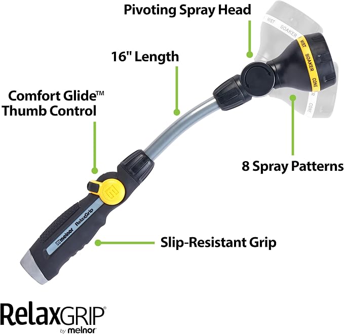 Melnor 65173AMZ RelaxGrip 8 Pattern 16" Pivoting Wand Bundle, Metal, Black, Yellow | 65173AMZ | Easy Thumb Operation | Comfortable Grip | Less Hand Strain | Water Hanging Baskets | Hard-to-Reach Watering
