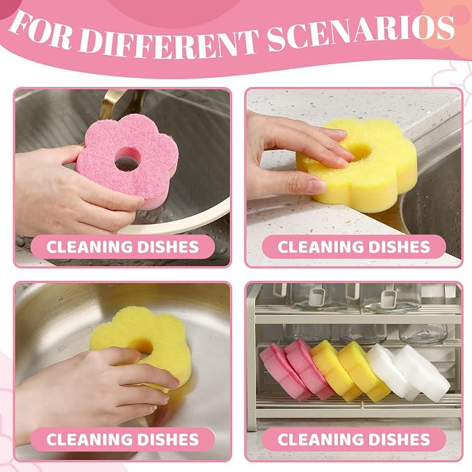 Tioncy 12 Pack Pink Flowers Sponges Sweet Flower Dual Sided Non Scratch | Reusable for Dishwashing Cookware Pot Pan, Cute Kitchen Cleaning Accessories, Non Scratch Bulk Household Supplies