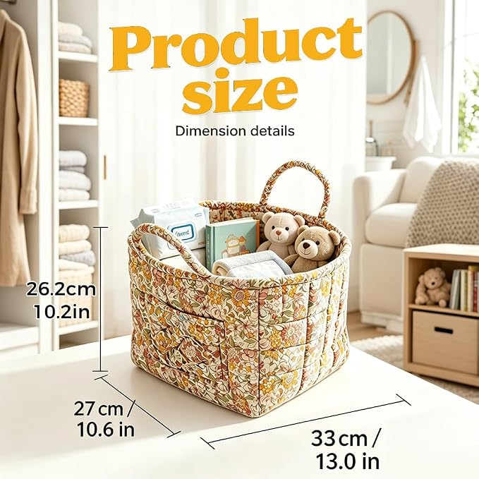 Foldable Laundry Boho Floral Quilted Storage Bin Basket with Handles for Clothes, Car Organizer, Collapsible Hamper ，1