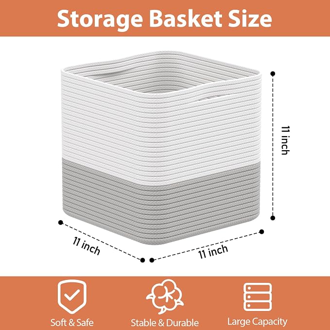 Storage Cotton Cubes 11 Inch, Woven Cotton Rope Storage Baskets for Toys Blanket Organizing, Storage Bins Decorative Organizer with Handles for Living Room Laundry Room Closet (3 Pack, Grey)