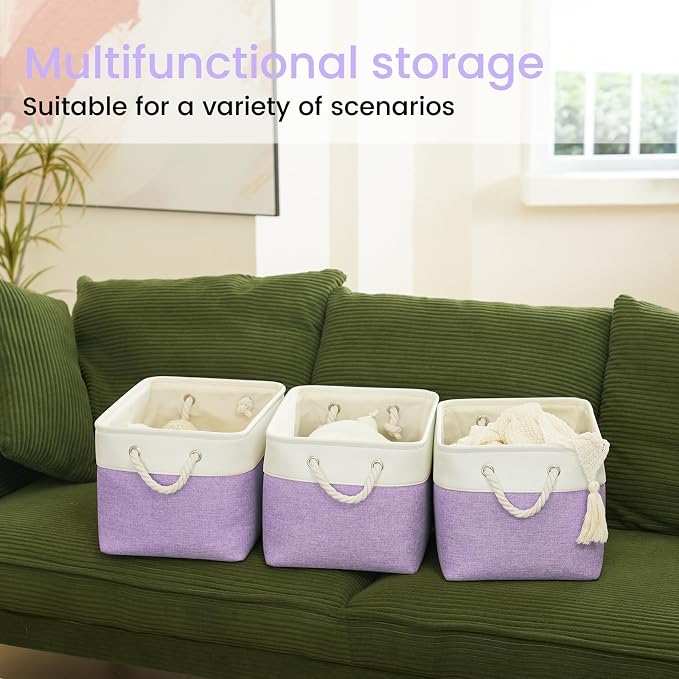 15x11x10 In Foldable Fabric Large Storage Bins with Handle 3 Pack | Organizer Baskets, Sturdy Metal Strand, Cardboard Support Molding, Storage Baskets for Shelves, Closet, Bedroom, White/Purple